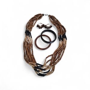 Vintage Natural-made Bohemian Wooden Beaded 5pc Necklace Set